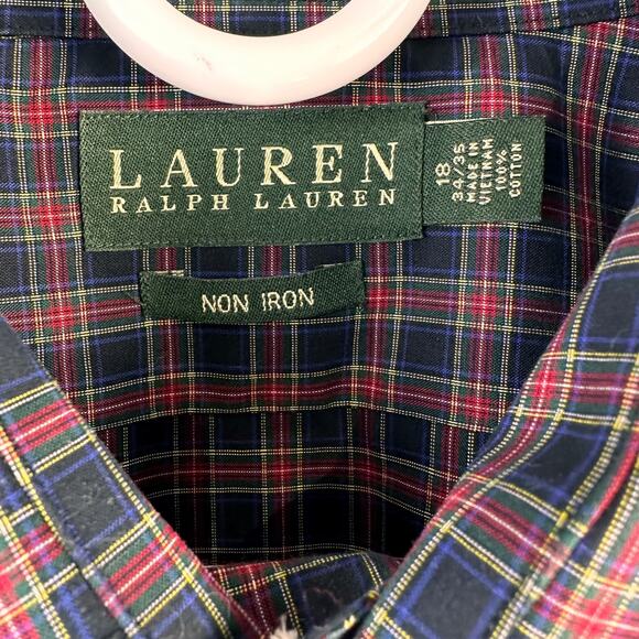 Lauren Ralph‎ Lauren Button Up Shirt Mens size 18 34/35 Navy Red Classic Plaid - Picture 5 of 7